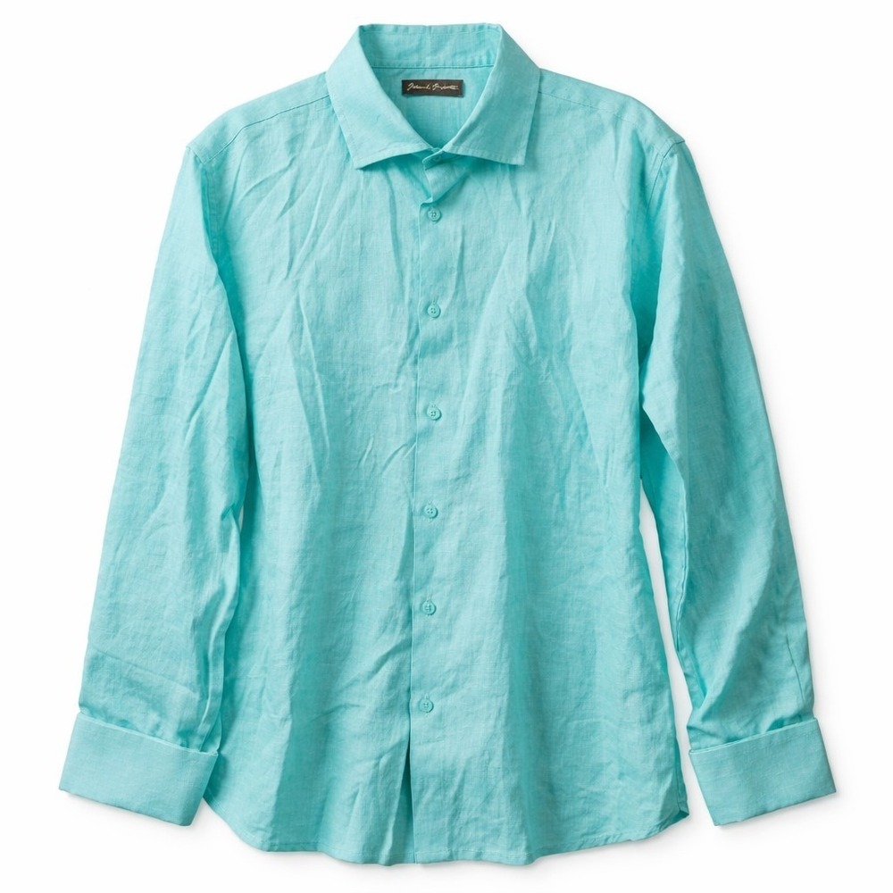 ISLAND IMPORTER 100% Linen Button Shirt Sz M? Teal Coastal Beach Wedding Resort